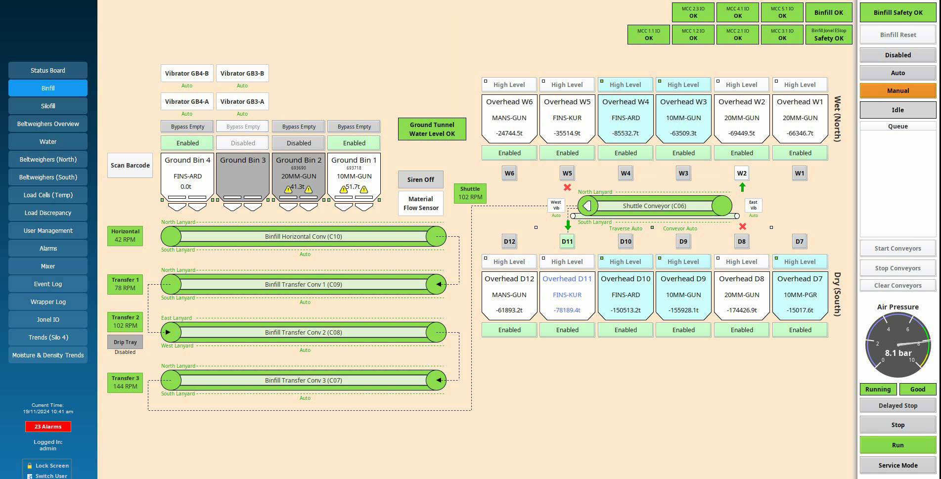 Bin fill management system interface